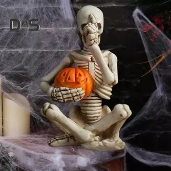 Хэллоуин Скелет, держащий тыкву, жуткая сидящая статуэтка из смолы, скульптура для дома, сада, офиса, рабочего стола, украшение белый