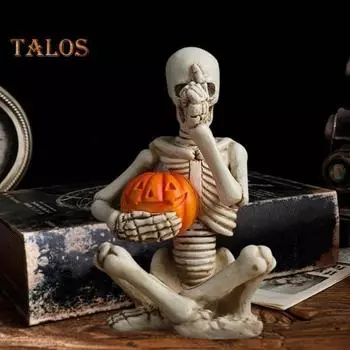 Хэллоуин Скелет, держащий тыкву, жуткая сидящая статуэтка из смолы, скульптура для дома, сада, офиса, рабочего стола, украшение белый