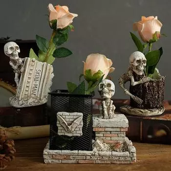 Хэллоуин Скелет держатель для ручки украшение пень надгробие паук череп смоляная фигурка статуя карандаш органайзер контейнер B