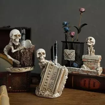 Хэллоуин Скелет держатель ручки украшение пень надгробие паук череп смоляная фигурка статуя B