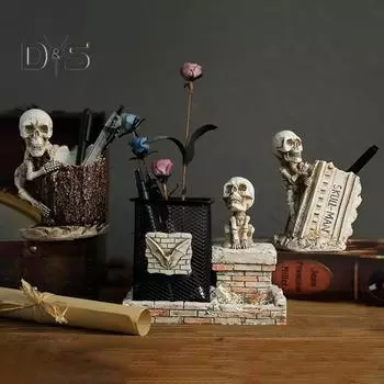 Хэллоуин Скелет держатель ручки украшение пень надгробие паук череп смоляная фигурка статуя карандаш органайзер контейнер ящик для хранения орнамент B