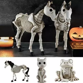 Хэллоуин Скелет Лошадь Фигурка Готическая Кошка Лягушка Скелет Модель Жуткое Животное Из Смолы C