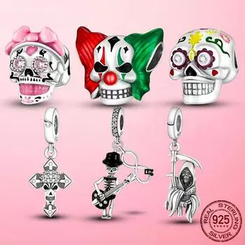 Хэллоуин Скелет Подвески Стерлингового Серебра 925 Клоун Череп Шарм Бусины подходят Оригинальный Модный Браслет Серебро 925 Пробы Изготовление Ювелирных Изделий