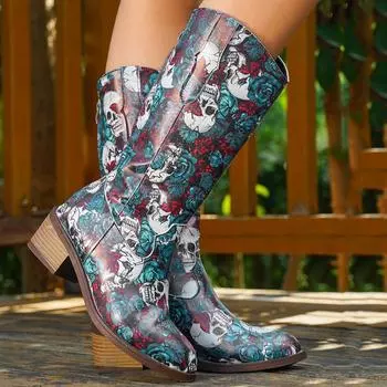 Хэллоуин Скелет Принт Готика Длинные Сапоги Женские Осенние До Середины Икры Высокие Каблуки ковбойские сапоги Женские Ботинки с Острым Носом 35