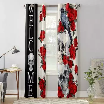 Хэллоуин Скелет Ворона Красная Роза Оконные Шторы для Гостиной Спальни Роскошные Современные Кухонные Шторы Тканевые Портьеры 135W x 60H(cm) x1