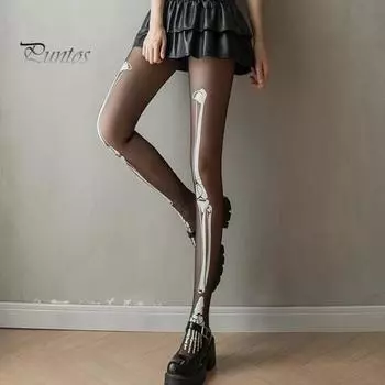 Хэллоуин Скелет Женские колготки Призрачная нога Принт Контрастный цвет Светится ночью Светящаяся тонкая сетка Ужасающий Нескользящий Косплей Представление Череп белый