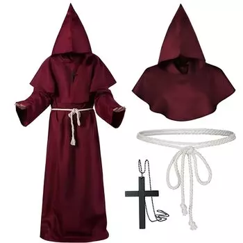 Хэллоуин Средневековый Длинный Косплей Культурная Школа Унисекс [Тумао] Костюм, Монах, Священник, Жнец, Христианин, Капюшон, Мантия, Костюм, Взрослый, Мужской красный
