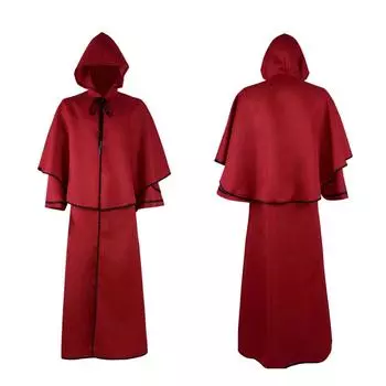 Хэллоуин Средневековый однотонный плащ с капюшоном Ретро-халат Плащ смерти Косплей Костюм S винный