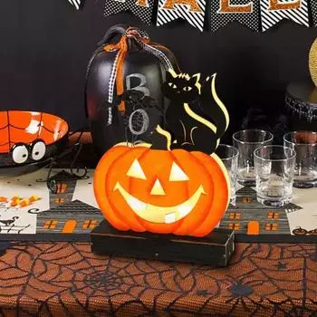 Хэллоуин светящаяся тыква настольная табличка с основанием деревянная жуткая светодиодная подсветка тыквенная голова черная кошка