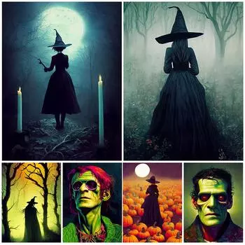 Хэллоуин Тыква Арт Принт Скелет Монстр и Призрак Стена Искусства Картина Маслом Готический Темный Языческий Плакат 21cm30cm NoFrame