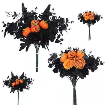 Хэллоуин Тыква Искусственный букет роз с черным листом эвкалипта Реалистичные искусственные цветочные растения Домашний офис Стол Центральное украшение B
