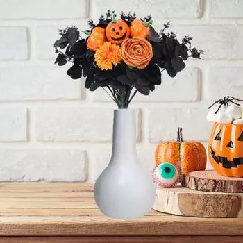 Хэллоуин Тыква Искусственный букет роз с черным листом эвкалипта Реалистичные искусственные цветочные растения Домашний офис Стол Центральное украшение B