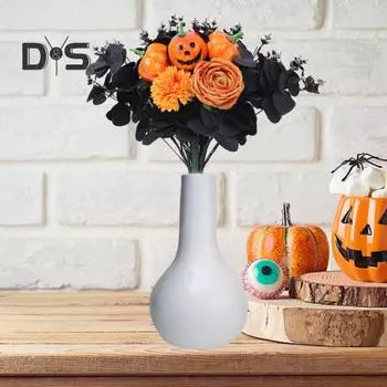 Хэллоуин Тыква Искусственный букет роз с черным листом эвкалипта Реалистичные искусственные цветочные растения Домашний офис Стол Центральное украшение B