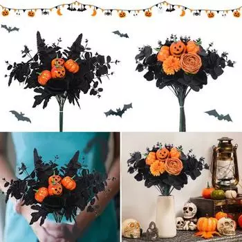 Хэллоуин Тыква Искусственный букет роз с черным листом эвкалипта Реалистичные искусственные цветочные растения Домашний офис Стол Центральное украшение B