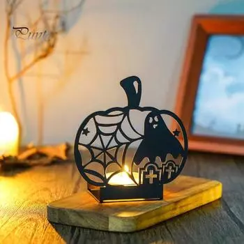 Хэллоуин Тыква Подсвечник Сова Летучая мышь Паук Призрак Tealight Подставка для свечи Металлический подсвечник Украшение Табличка Центральная часть Настольный орнамент C