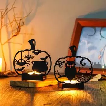 Хэллоуин Тыква Подсвечник Сова Летучая мышь Паук Призрак Tealight Подставка для свечи Металлический подсвечник Украшение Табличка Центральная часть Настольный орнамент C