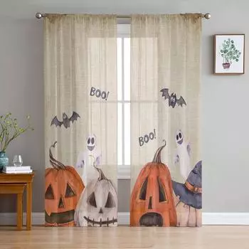 Хэллоуин тыква призрак летучая мышь винтажные прозрачные шторы для спальни гостиная вуаль оконные шторы тюль шторы для детской комнаты 135W x 114H(cm)