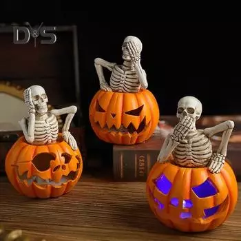 Хэллоуин Тыква Скелет Фигурка Жуткий Не Слышу Не Видю Не Говорю Скелет Статуэтка Из Смолы Скульптура Домашний Офис Украшение Рабочего Стола Орнамент B