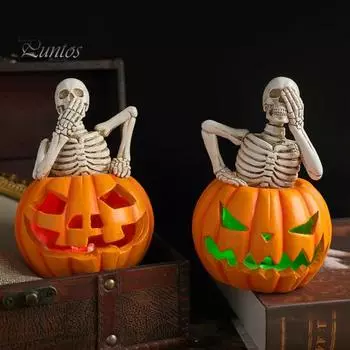 Хэллоуин Тыква Скелет Фигурка Жуткий Не Слышу Не Видю Не Говорю Скелет Статуэтка Из Смолы Скульптура Домашний Офис Украшение Рабочего Стола Орнамент B