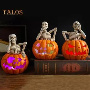 Хэллоуин Тыква Скелет Фигурка Жуткий Не Слышу Не Видю Не Говорю Скелет Статуэтка Из Смолы Скульптура Домашний Офис Украшение Рабочего Стола Орнамент B