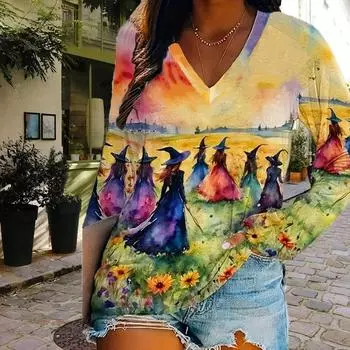 Хэллоуин Тыквы Принт Женские футболки Женские топы Длинные рукава V-образный вырез Пуловер Femme Футболки Футболка для женщин XS жёлтый