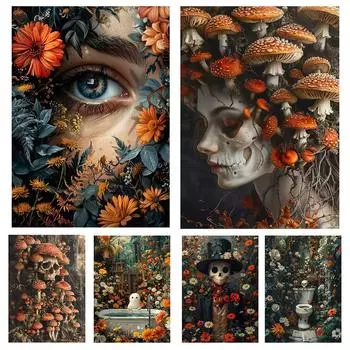 Хэллоуин ужас грибы скелет призрак в темном лесу вышивка стразами винтажное настенное искусство лесное искусство домашний декор 5D DIY Full Round 20x30CM