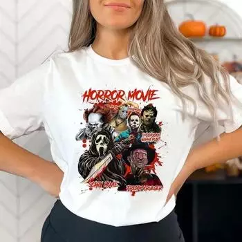 Хэллоуин Ужасные персонажи Мода Уличный тренд Базовая одежда с круглым вырезом Топ Лето Мультяшный принт Повседневный Веселые универсальные футболки Женские M белый
