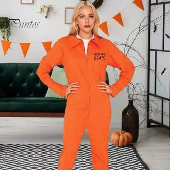 Хэллоуин Узник Косплей Комбинезон с наручниками Хэллоуин Унисекс Дети Взрослые Ролевые игры Наряд с длинными рукавами Отворотом Молния Фестивали Вечеринки Шоу XL оранжевый