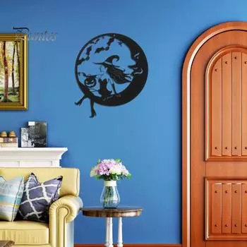Хэллоуин Ведьма Металлическое настенное украшение Домашний офис Гостиная Внутреннее наружное настенное искусство Лунная метла Ведьма Подвесной орнамент Знак Подвеска B