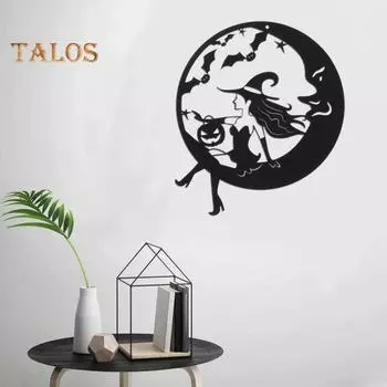 Хэллоуин Ведьма Металлическое настенное украшение Домашний офис Гостиная Внутреннее наружное настенное искусство Лунная метла Ведьма Подвесной орнамент Знак Подвеска B