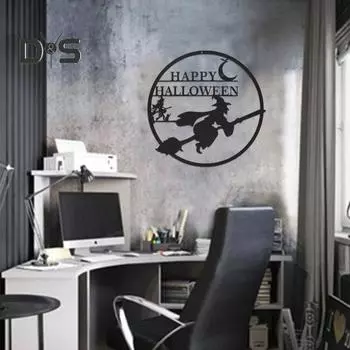Хэллоуин Ведьма Металлическое настенное украшение Домашний офис Гостиная Внутреннее наружное настенное искусство Лунная метла Ведьма Подвесной орнамент Знак Подвеска B