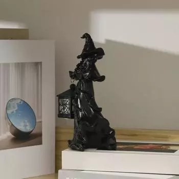 Хэллоуин Ведьма Посланник Ада Фигурка с Фонарем Черно-Белый Ведьмин Светильник Смола чёрный