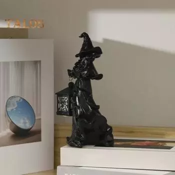 Хэллоуин Ведьма Посланник Ада Статуэтка с Фонарем Черно-Белая Ведьма Светильник Статуэтка из Смолы Скульптура Внутреннее Уличное Садовое Украшение Орнамент чёрный
