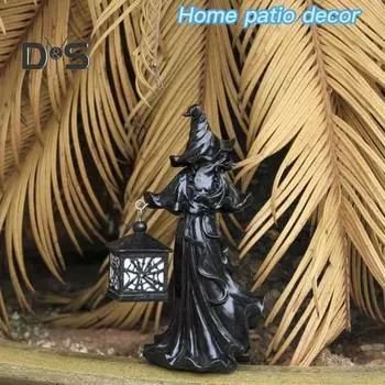 Хэллоуин Ведьма Посланник Ада Статуэтка с Фонарем Черно-Белая Ведьма Светильник Статуэтка из Смолы Скульптура Внутреннее Уличное Садовое Украшение Орнамент чёрный