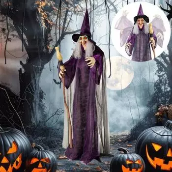 Хэллоуин Ведьма Реквизит Анимированная Статуя Злой Ведьмы со Светящимися Глазами и Звуком