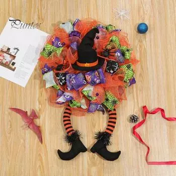 Хэллоуин Ведьма Шляпа Нога Дверь Венок Тыква Принт Лента Сетка Декор Паук Ужасающая Атмосфера Украшения Happy Party Supplies оранжевый