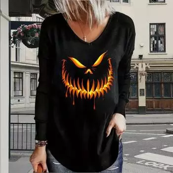 Хэллоуин Ведьмы Принт Женские футболки Женские топы Длинные рукава V-образный вырез Пуловер Femme Футболки Футболка для женщин XS зелёный