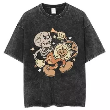 Хэллоуин Выстиранная Футболка Мужская Женская Графическая Y2K Хлопковая Футболка Унисекс Харадзюку С коротким рукавом Уличная футболка M
