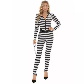 Хэллоуин Взрослый Черно-белый Полосатый Заключенный Человеческая Одежда Женская Тюремная Одежда Кандалы Сценические Реквизиты Костюмы M