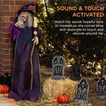 Хэллоуин ведьма реквизит анимированная статуя злой ведьмы со светодиодными светящимися глазами и звуком жутко активируемое стоящее украшение ведьмы для декора вечеринки на Хэллоуин фиолетовый