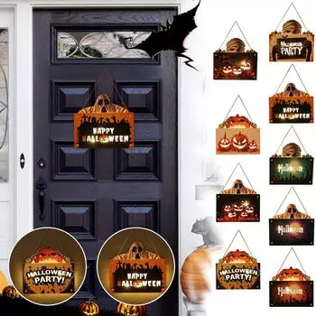 Хэллоуин висит светодиодные украшения призрак настенные знаки деревянные двери висят One Size