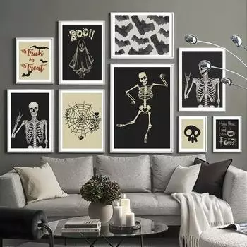 Хэллоуин забавные скелеты паук жуткие черные летучие мыши настенная живопись печать на холсте скандинавский плакат Декор фотографии для гостиной A4 21X30cm No Framed