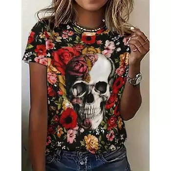 Хэллоуин Забавный рисунок черепа принт Женские футболки Мода Повседневный Хип-хоп Стиль 3D принт Топы Футболки Пуловеры Новые летние женские S