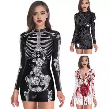 Хэллоуин Женщины Платье Кровавое Пятно Скелет Паук Принт V-образный вырез Медсестра Косплей Длинные рукава Дом с привидениями S