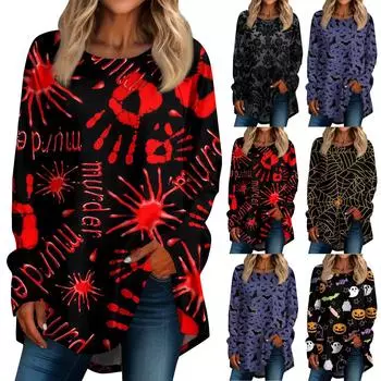 Хэллоуин Женская повседневная футболка больших размеров с длинными рукавами и круглым вырезом в стиле ретро с принтом Топ XXL серый