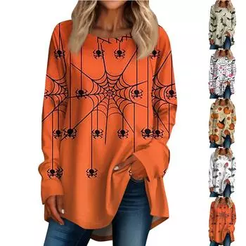 Хэллоуин Женская повседневная футболка больших размеров с длинными рукавами и круглым вырезом в стиле ретро с принтом Топ S белый