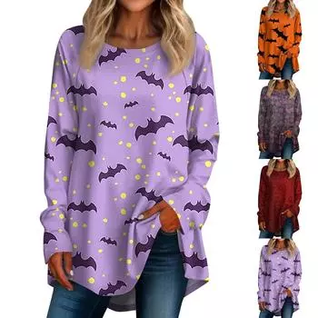 Хэллоуин Женская повседневная футболка больших размеров с длинными рукавами и круглым вырезом в стиле ретро с принтом Топ S
