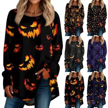 Хэллоуин Женская повседневная футболка больших размеров с длинными рукавами и круглым вырезом в стиле ретро с принтом Топ XL шафрановый