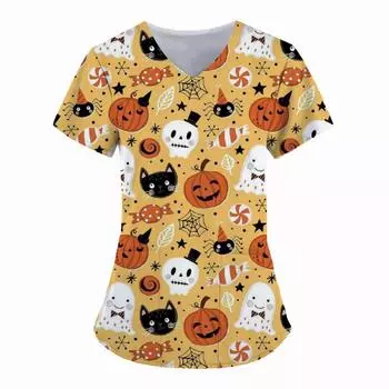Хэллоуин женские футболки V-образный вырез рабочая форма для женщин 3D принт топы медсестра униформа, милая тыквенная блузка карман рабочая одежда, S