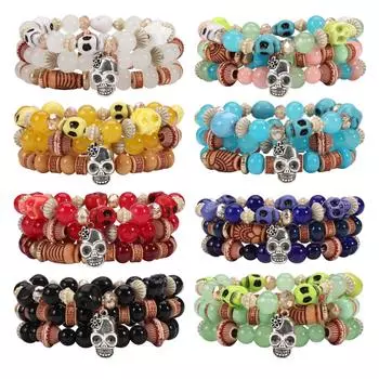 Хэллоуин женский череп кулон браслет эластичные многослойные украшения чёрный